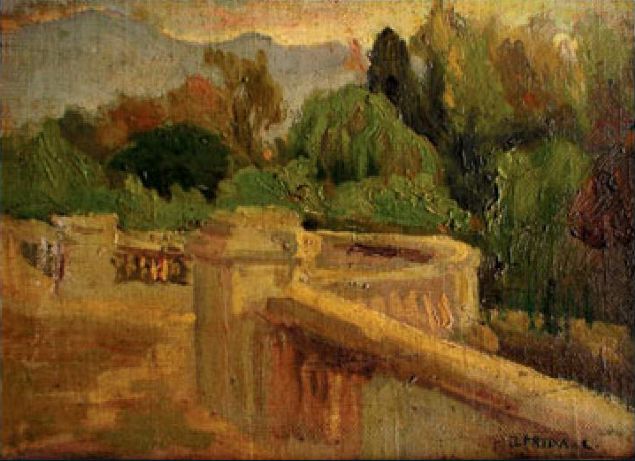 La terraza, leo sobre tela en madera, 20 x 25 cm (Pinacoteca de la Universidad de Concepcin, Chile)